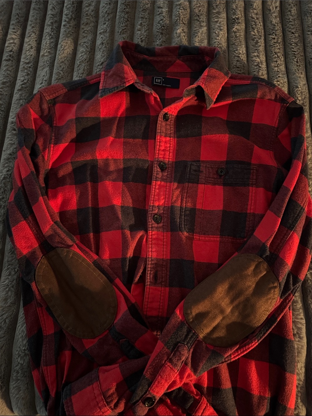 GAP Men’s Red and Black Plaid Button-Down Shirt with Brown Elbow Patches